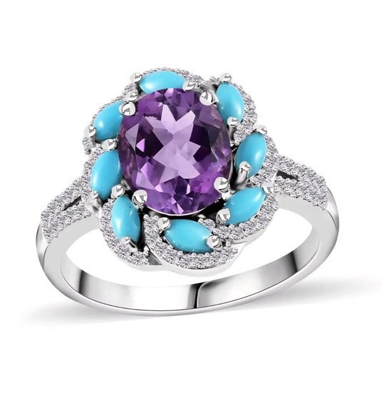 rose de france amethyst turquoise and white zircon halo ring in rhodium over sterling silver