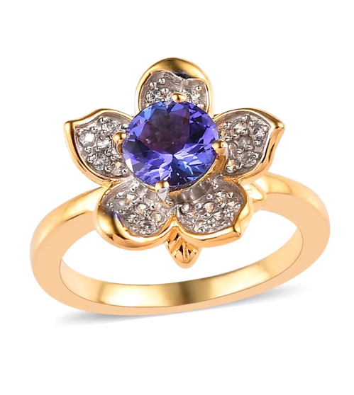 tanzanite and white zircon flower ring in 18k yellow gold over sterling silver