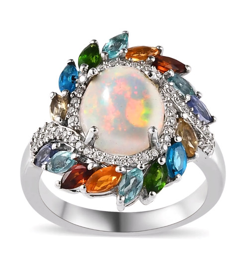 ethiopian opal multi gemstone and white zircon halo ring in rhodium over sterling silver