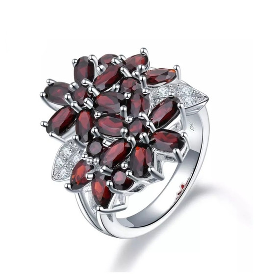 black garnet and white zircon floral cluster ring in rhodium over sterling silver