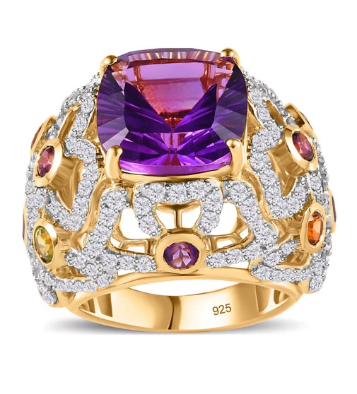 front view of amethyst multi gemstone and white zircon statement ring in 18k yellow gold over sterling silver
