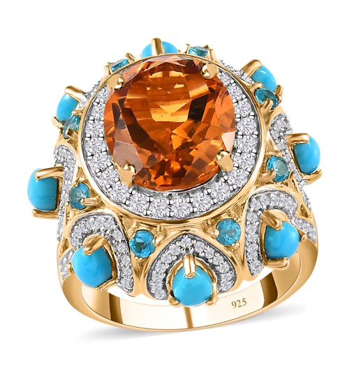front view of citrine turquoise apatite and white zircon statement ring in 18k yellow gold over sterling silver