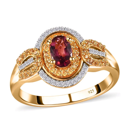 rubellite tourmaline yellow sapphire and moissanite ring in 18k yellow gold over sterling silver