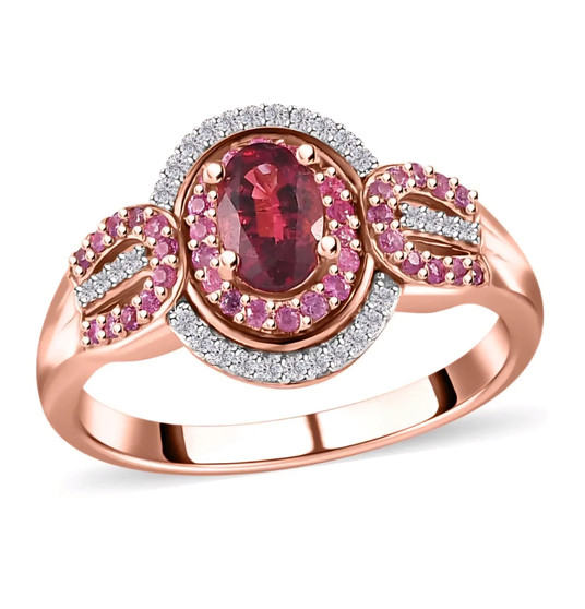 rubellite tourmaline pink sapphire and moissanite ring in 18k rose gold over sterling silver