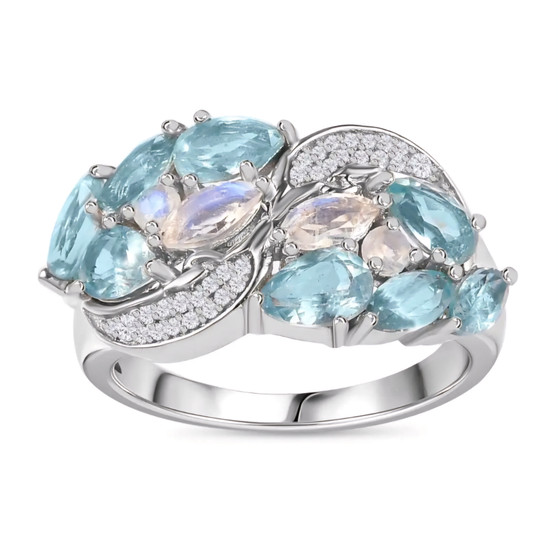 blue kyanite rainbow moonstone and white zircon ring in rhodium over sterling silver