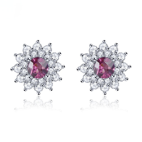 rhodolite garnet and zircon round halo stud earrings on rhodium over sterling silver