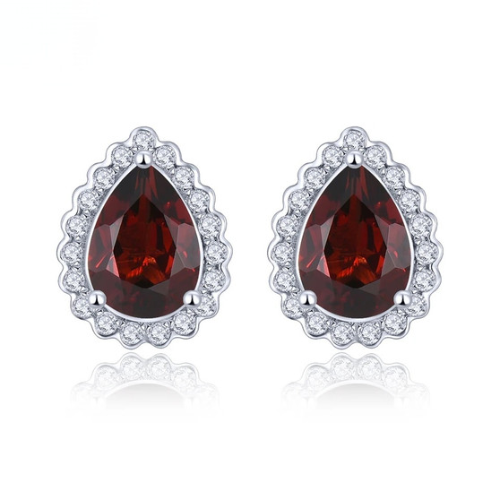 garnet pear halo stud earrings in rhodium over sterling silver