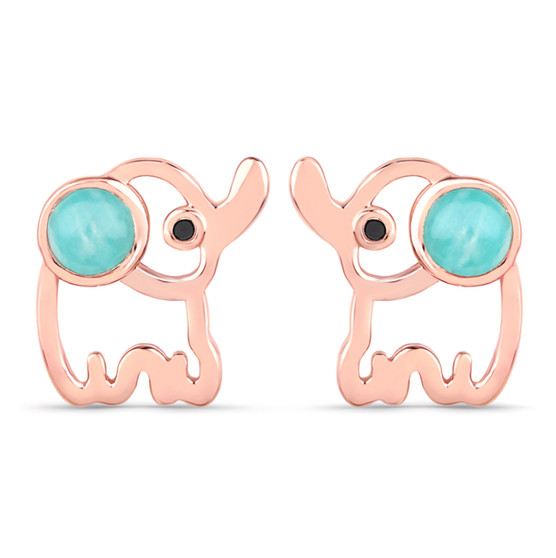 amazonite and black diamond elephant stud earrings in 14k rose gold over sterling silver