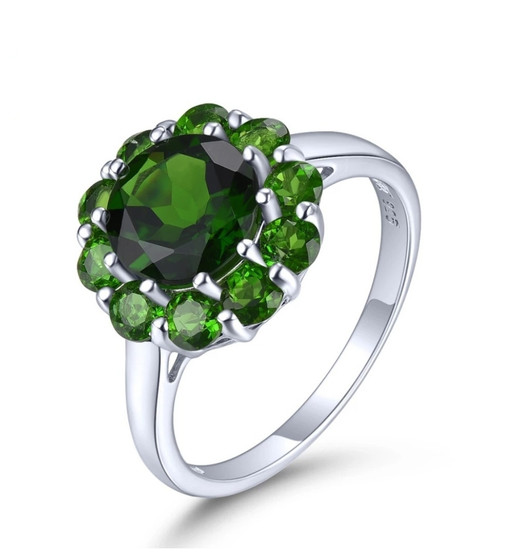 chrome diopside round halo ring in rhodium over sterling silver