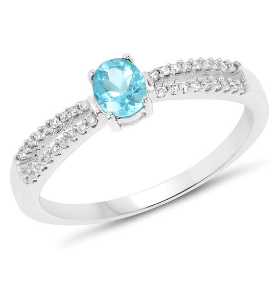 blue apatite and white diamond split shank ring in solid 14k white gold