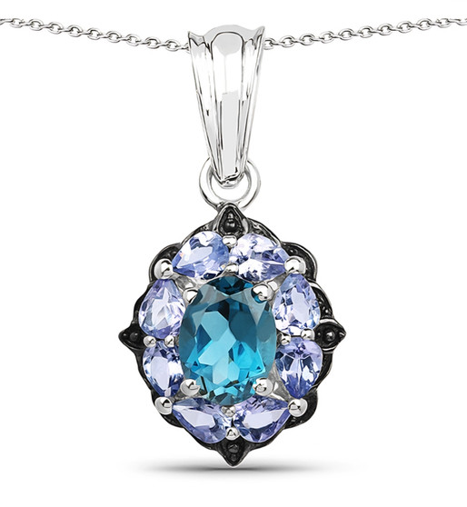 london blue topaz and tanzanite halo pendant necklace in rhodium over sterling silver