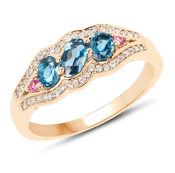 front view of london blue topaz pink tourmaline and diamond solid 14k yellow gold trilogy ring