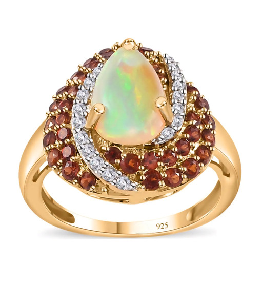 opal garnet and white zircon pear halo ring in 18k yellow gold over sterling silver
