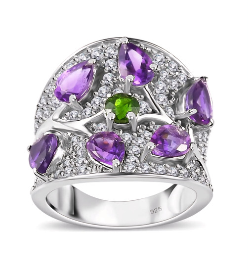 amethyst white zircon and chrome diopside wide band cluster ring in rhodium over sterling silver