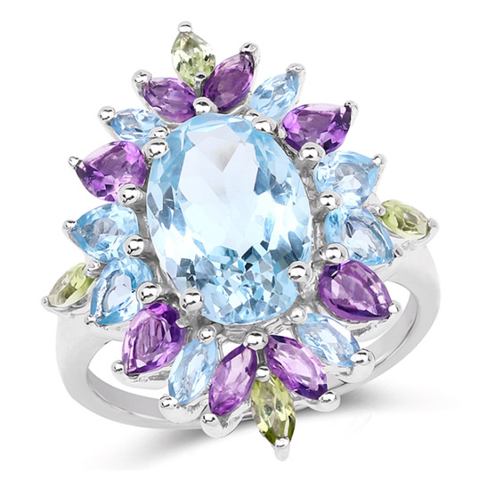 sky blue topaz amethyst and peridot halo ring in rhodium over sterling silver