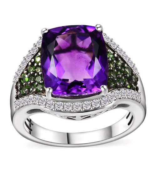 amethyst chrome diopside and moissanite ring in rhodium over sterling silver