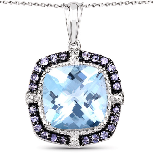 sky blue topaz and tanzanite cushion halo pendant necklace in rhodium over sterling silver