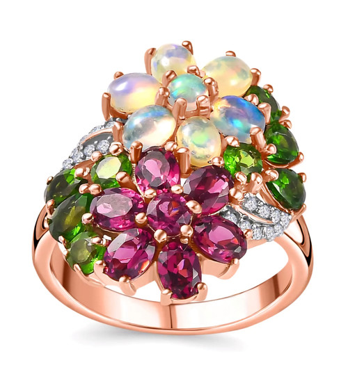 opal chrome diopside rhodolite garnet and zircon flower cluster ring in 18k rose gold over sterling silver