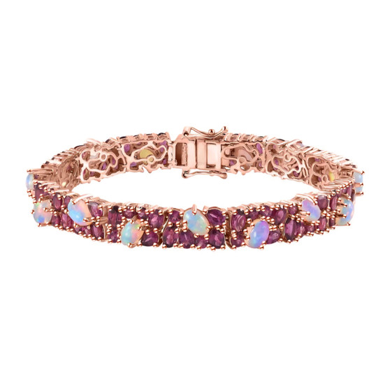 ethiopian opal and rhodolite garnet tennis bracelet in 18k rose gold over sterling silver