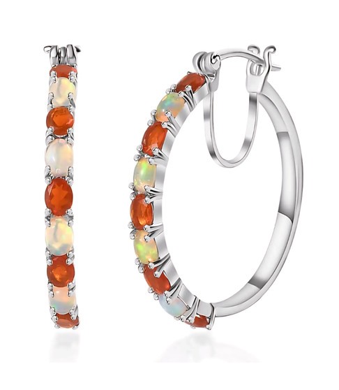 ethiopian opal and fire opal hoop earrings in rhodium over sterling silver
