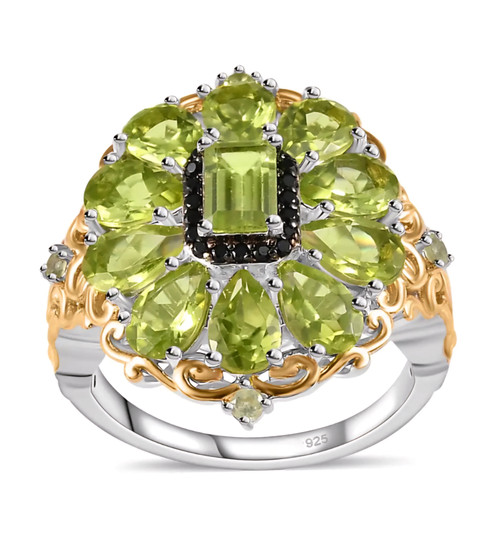 peridot and black spinel ring in 18k yellow gold and rhodium over sterling silver
