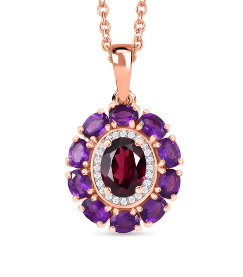 rhodolite garnet amethyst and moissanite pendant necklace in 18k rose gold over sterling silver