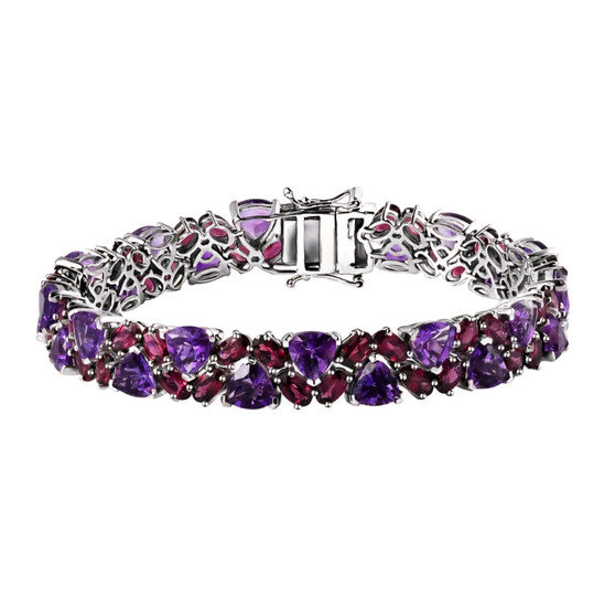 front view of amethyst and rhodolite garnet tennis bracelet in rhodium over sterling silver