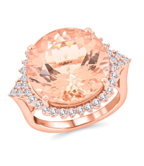 round morganite and diamond halo ring in 18k rose gold