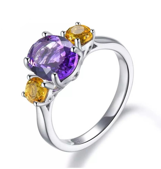 amethyst and citrine trilogy ring in rhodium over 925 sterling silver