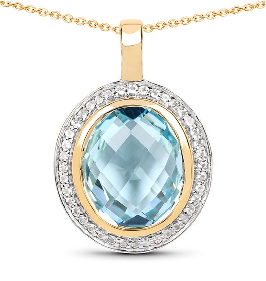 sky blue topaz and white topaz halo pendant necklace in 14k yellow gold over sterling silver