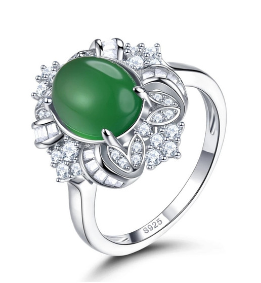 green agate and white zircon ring in rhodium over sterling silver