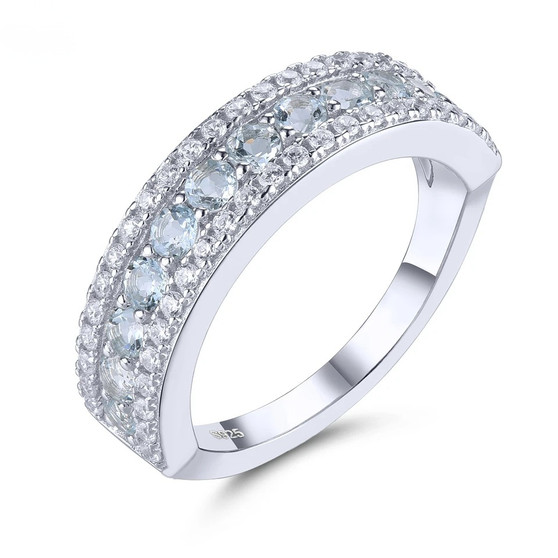 aquamarine and white zircon band ring in rhodium over sterling silver