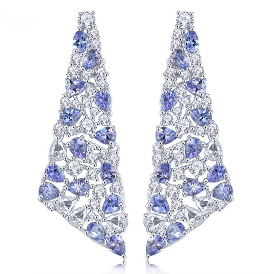 tanzanite and white zircon dangle earrings in rhodium over sterling silver