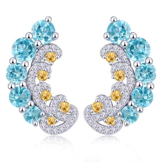 blue topaz citrine and white zircon earrings in rhodium over sterling silver