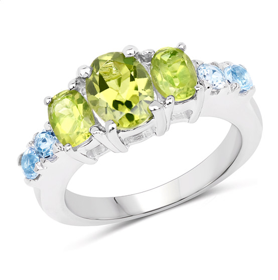 peridot and blue topaz band ring in rhodium over sterling silver