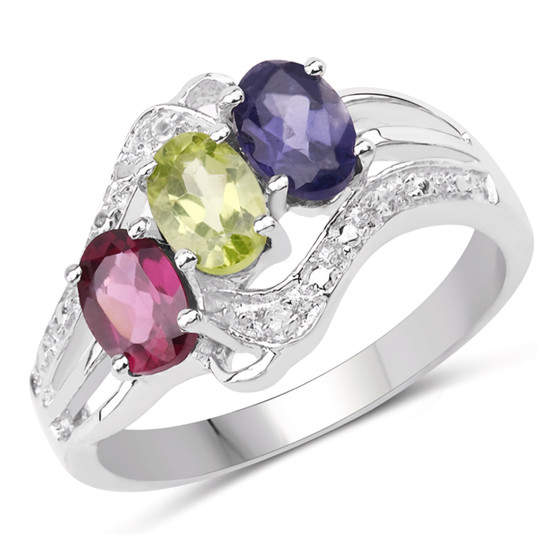 rhodolite peridot and iolite three stone ring in rhodium over sterling silver