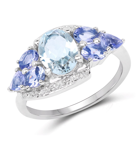 aquamarine and tanzanite bypass ring in rhodium over sterling silver