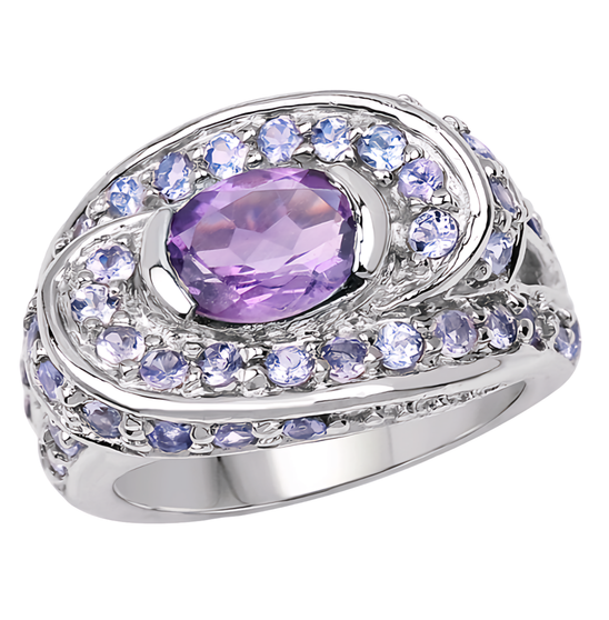 amethyst and tanzanite halo ring in rhodium over sterling silver