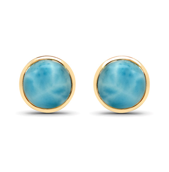 larimar round bezel set stud earrings in 14k yellow gold over sterling silver