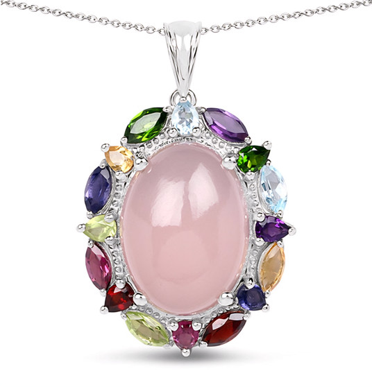 pink chalcedony and multi gemstone halo ring pendant necklace in rhodium over sterling silver