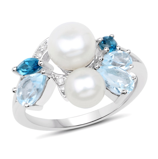 freshwater pearl blue and white topaz cluster ring in rhodium over sterling silver