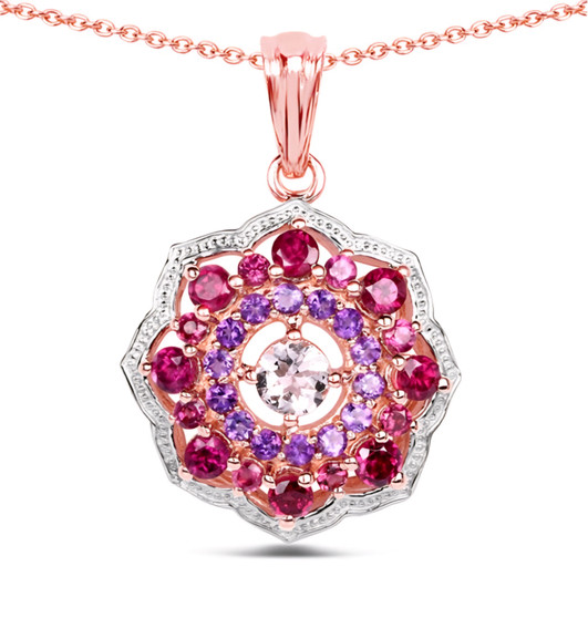 morganite rhodolite and amethyst double halo pendant necklace in 14k rose gold over sterling silver