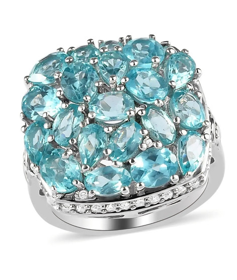 blue apatite and white zircon cluster halo ring in rhodium over sterling silver