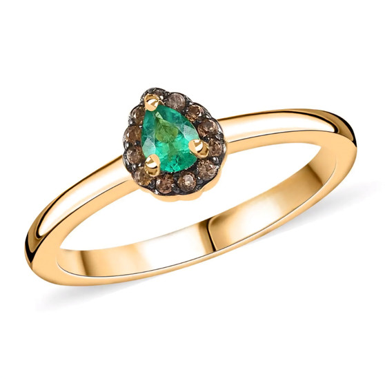 pear emerald and brown zircon halo ring in black rhodium and 18k yellow gold over sterling silver