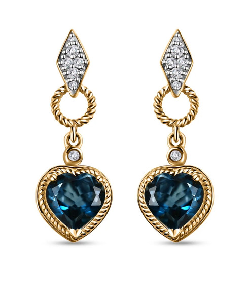 london blue topaz and moissanite heart dangle earrings in 18k yellow gold over sterling silver