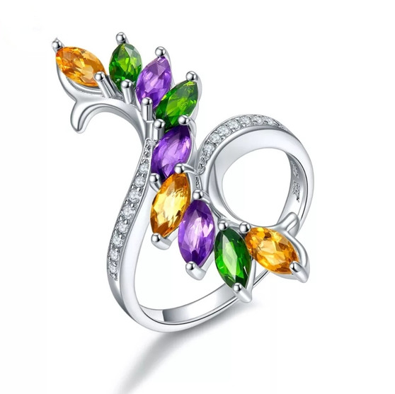 citrine amethyst chrome diopside and white zircon ring in rhodium over sterling silver
