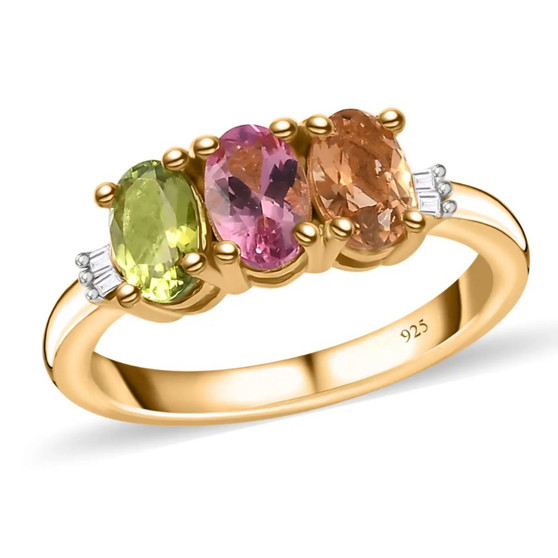 green pink and orange tourmaline trilogy ring with diamonds in 18k yellow gold over sterling silver