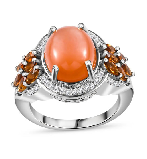 front view of peach moonstone citrine and white zircon ring in rhodium over sterling silver