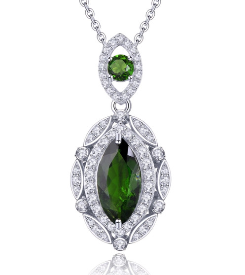 marquise chrome diopside halo pendant necklace in rhodium over sterling silver