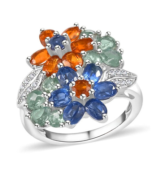 multi color kyanite flower ring with white zircon accents in rhodium over sterling silver